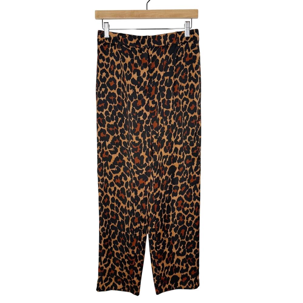 J Crew Womens 4 Brown Leopard Print High Rise Wide Leg Trouser Pants Pleated